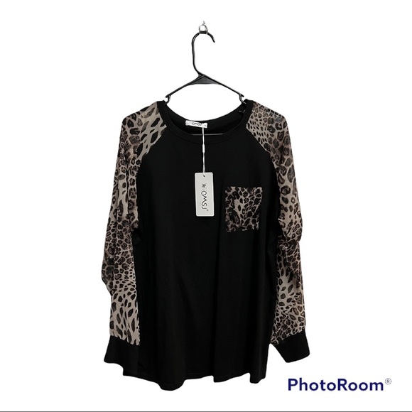 NWT Womens long sleeve top, black with sheer leopard print sleeves. XXL. - Picture 2 of 6